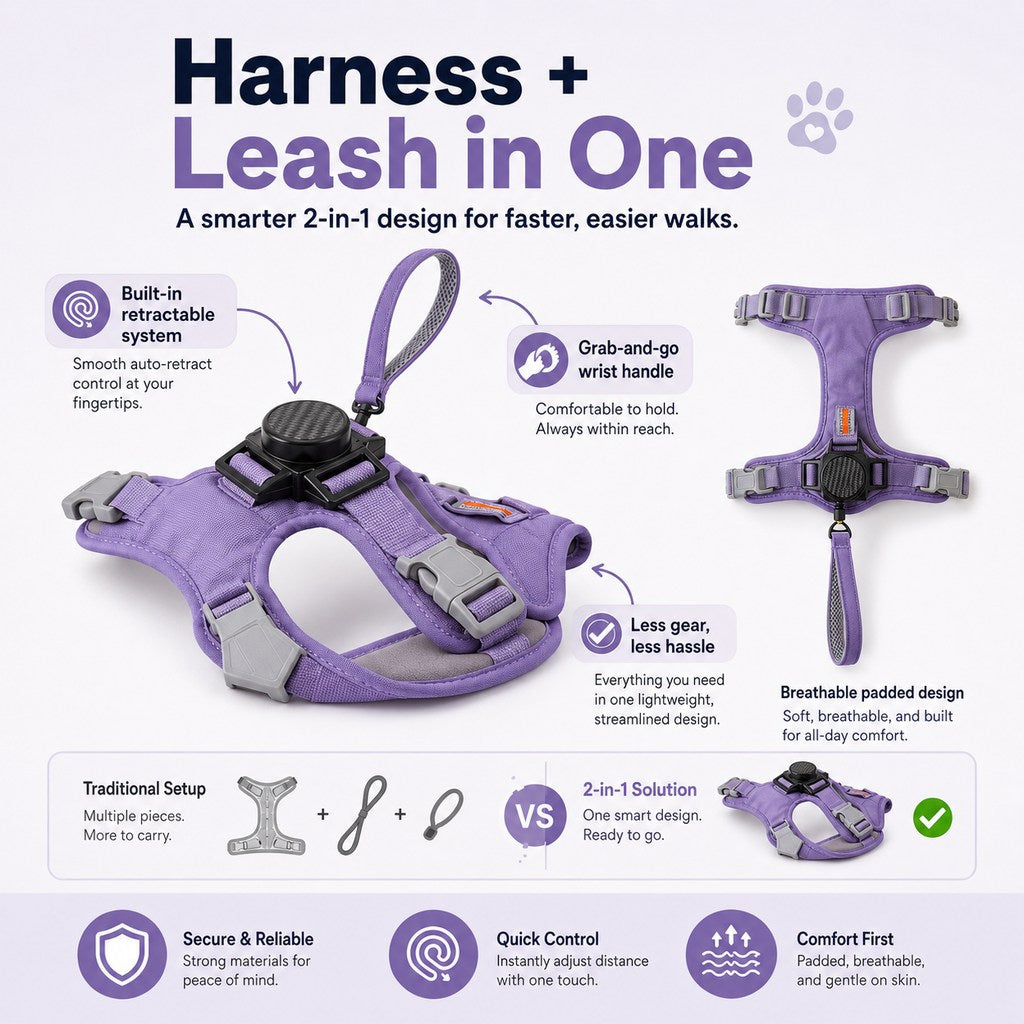 Malloren 2-in-1 No Pull Dog Harness with Built-in Retractable Leash - Safe & Comfortable Control for Daily Walks & Outdoor Adventures