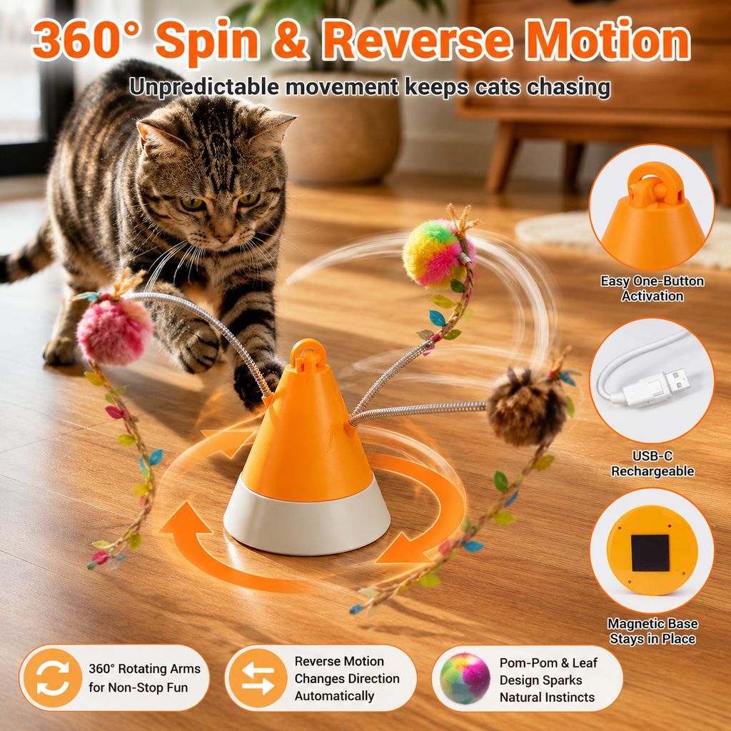 Malloren MiaSpin 360 Magnetic Rotating Cat Teaser Toy for Indoor Cats - USB-C Hands-Free Play to Beat Boredom