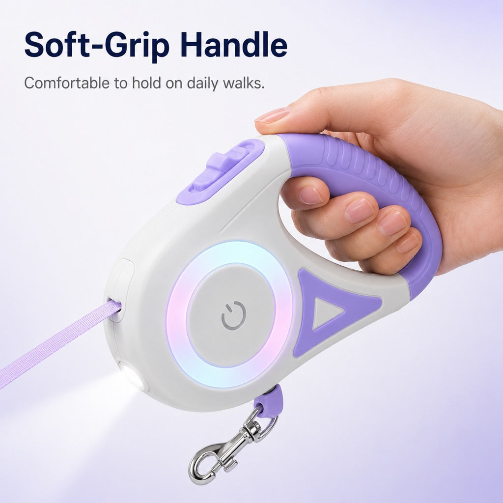 Malloren LED Retractable Dog Leash for Night Walks - Light-Up Dog Leash with Built-In Spotlight, RGB Side Glow & One-Touch Brake for Safer Evening Walks