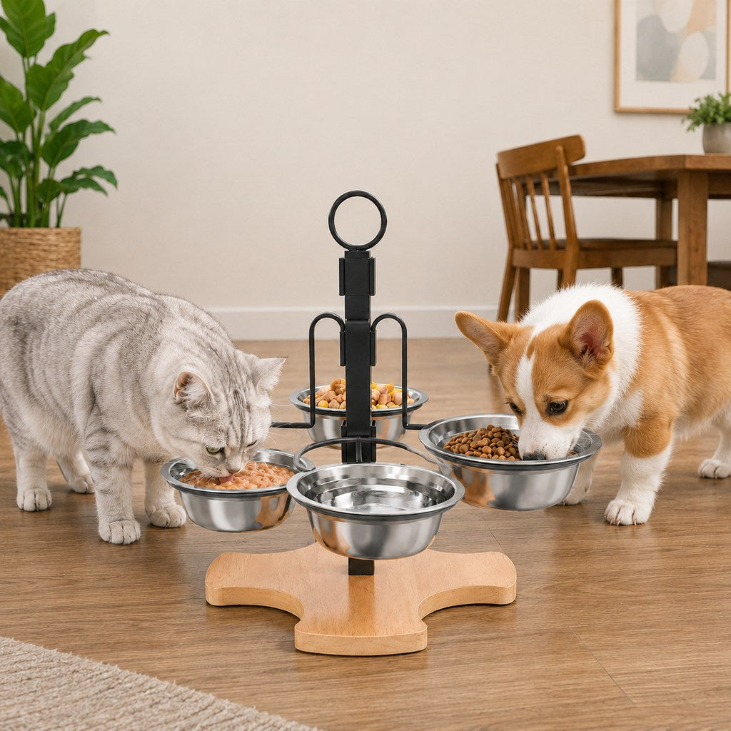 Malloren 4-Bowl Adjustable Elevated Pet Feeder for Cats & Small Dogs - Organized Food and Water Station