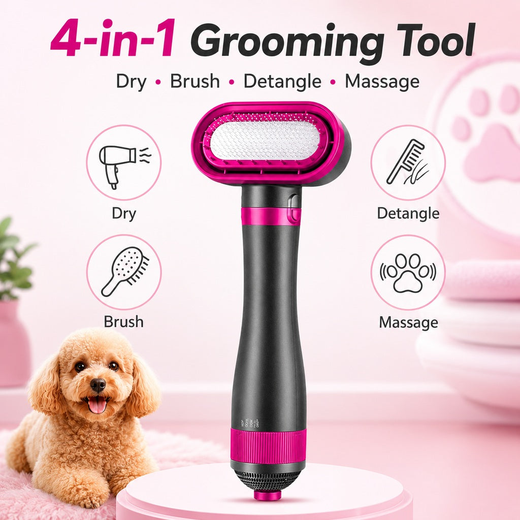 Malloren 4-in-1 Pet Dryer Brush for After-Bath Grooming, Low-Noise Dog & Cat Hair Dryer Comb for Easier Drying, Brushing & Detangling