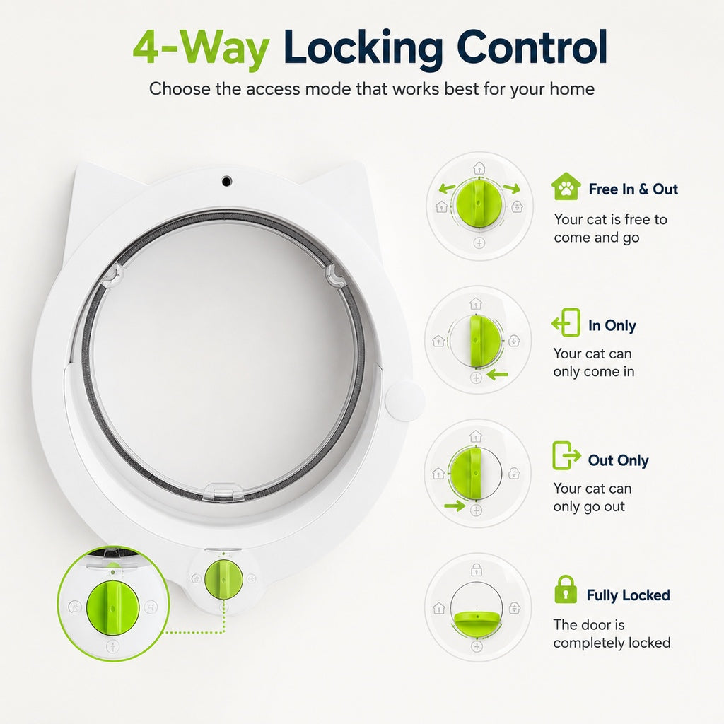 Malloren 4-Way Locking Interior Cat Door for Litter Box Cabinets & Rooms - Private Access Without Door Scratching