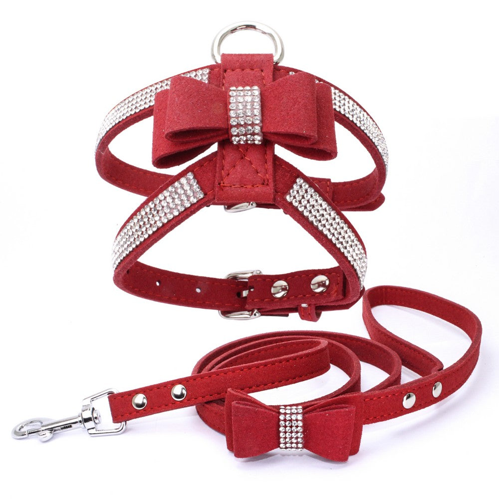 Pet Dog Harness Leash Set with Rhinestone Bow: Suede Bow Leather Leash for Stylish Walks