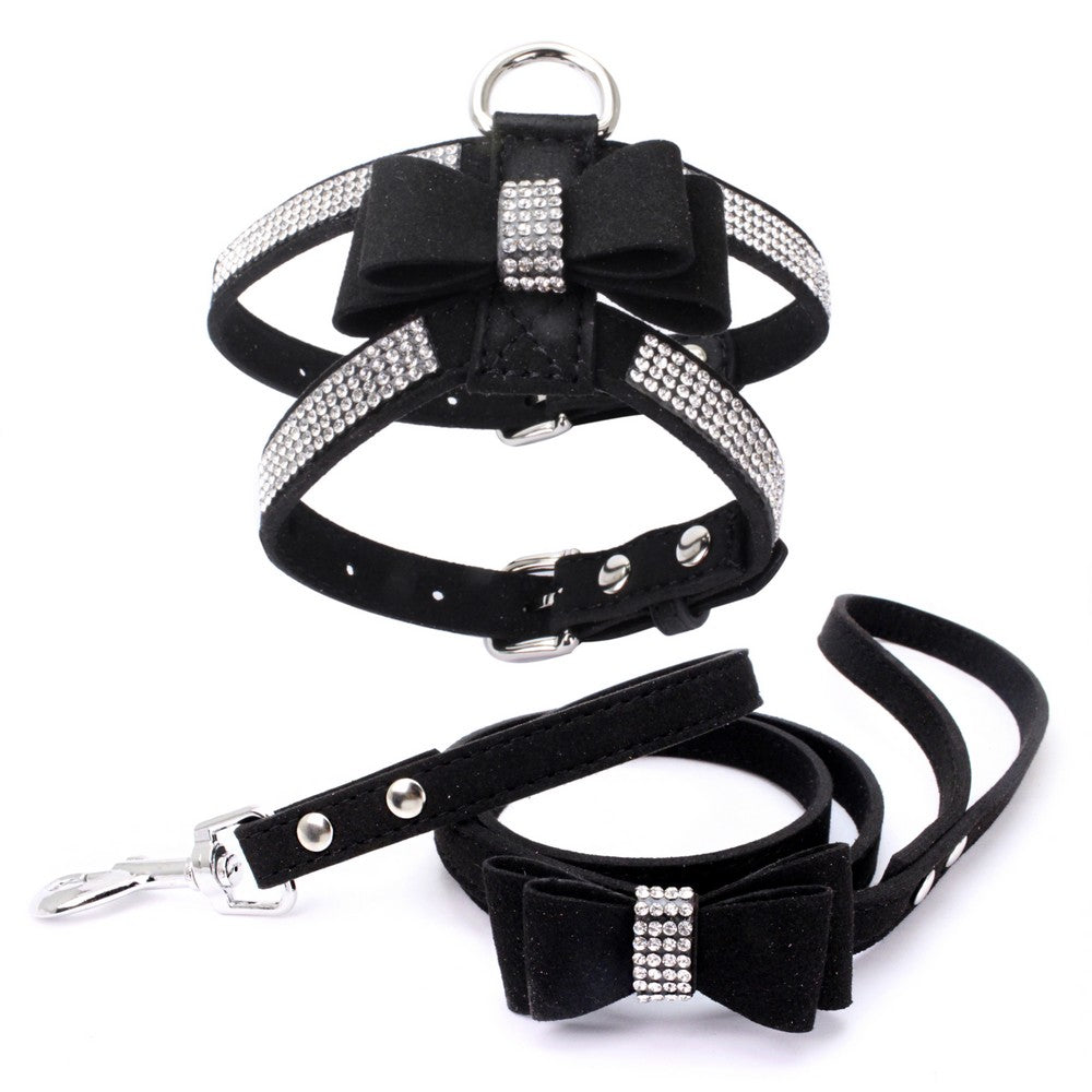 Pet Dog Harness Leash Set with Rhinestone Bow: Suede Bow Leather Leash for Stylish Walks