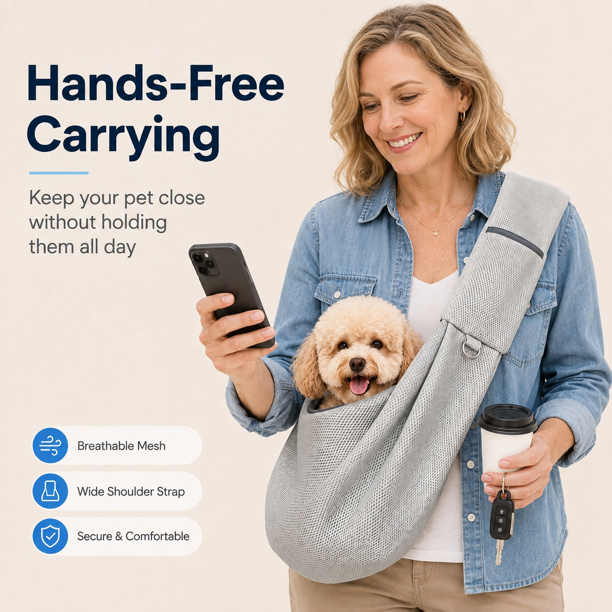 Malloren Crossbody Pet Sling Carrier for Small Dogs & Cats - Breathable Hands-Free Travel Bag for Walks, Errands & Vet Visits