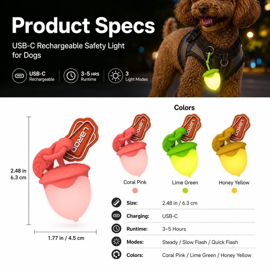 Malloren AcornGlow USB-C Rechargeable Pet Safety Light for Night Walks - Clip-On Acorn LED Charm for Collars, Harnesses & Leashes to Help Dogs Stay Visible After Dark