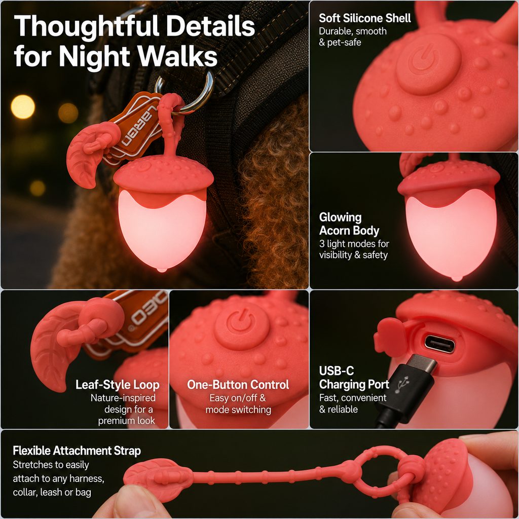 Malloren AcornGlow USB-C Rechargeable Pet Safety Light for Night Walks - Clip-On Acorn LED Charm for Collars, Harnesses & Leashes to Help Dogs Stay Visible After Dark