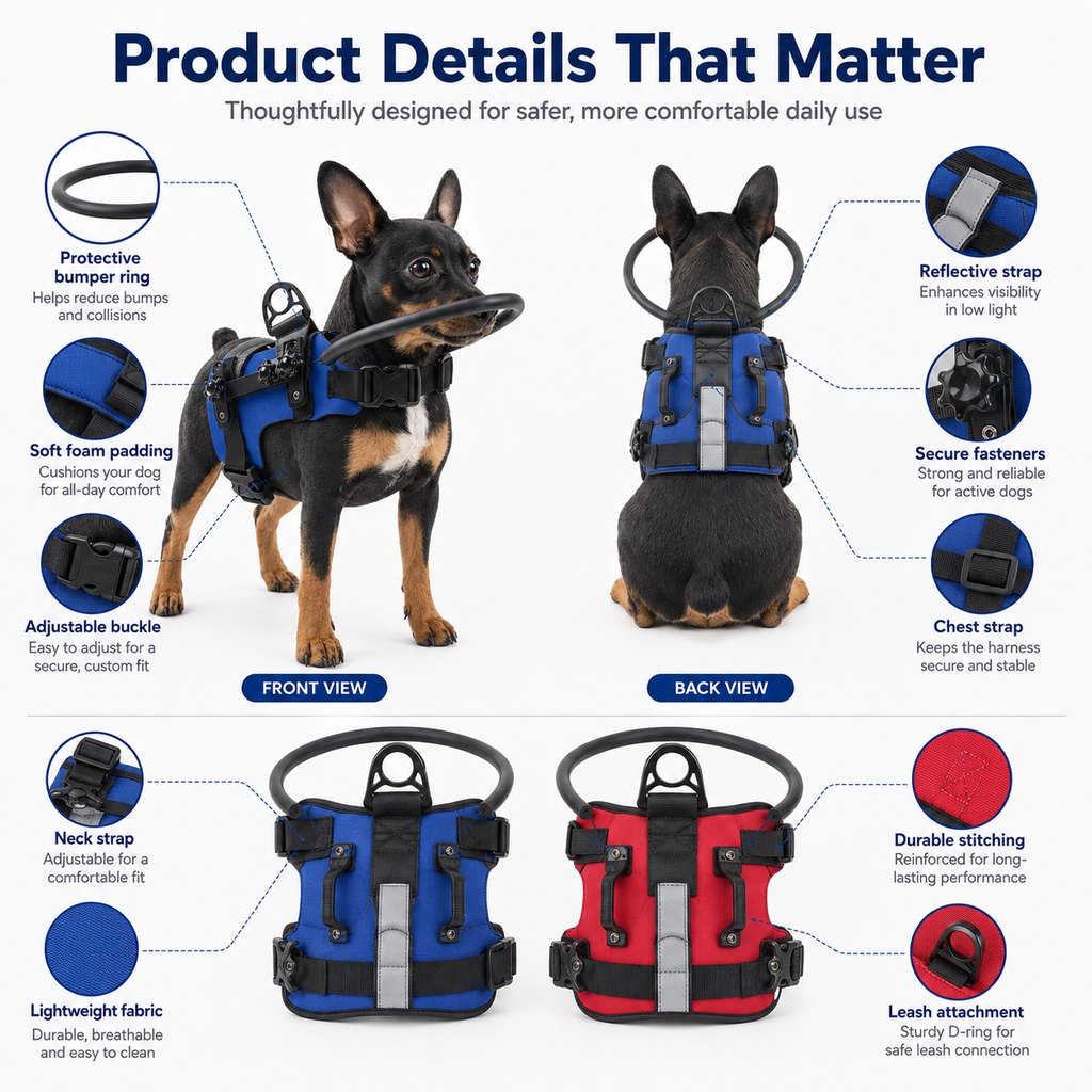 Malloren Adjustable Dog Bumper Ring Harness for Safer Home Walking - Helps Blind & Senior Dogs Avoid Wall & Furniture Bumps