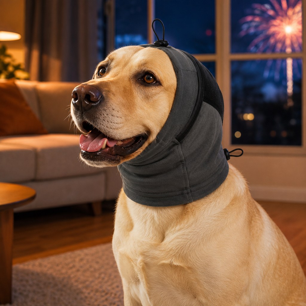 Malloren Adjustable Dog Calming Hoodie Ear Wrap for Fireworks, Thunderstorms & Grooming - Helps Soften Sudden Sounds with a Secure Fit