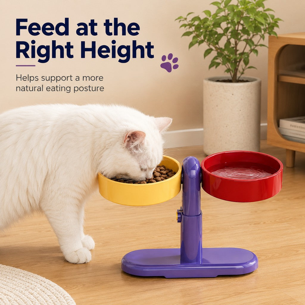 Malloren Adjustable Elevated Pet Bowl for Cats & Small Dogs - Space-Saving Wall-Mount or Freestanding Feeder for Cleaner Mealtimes