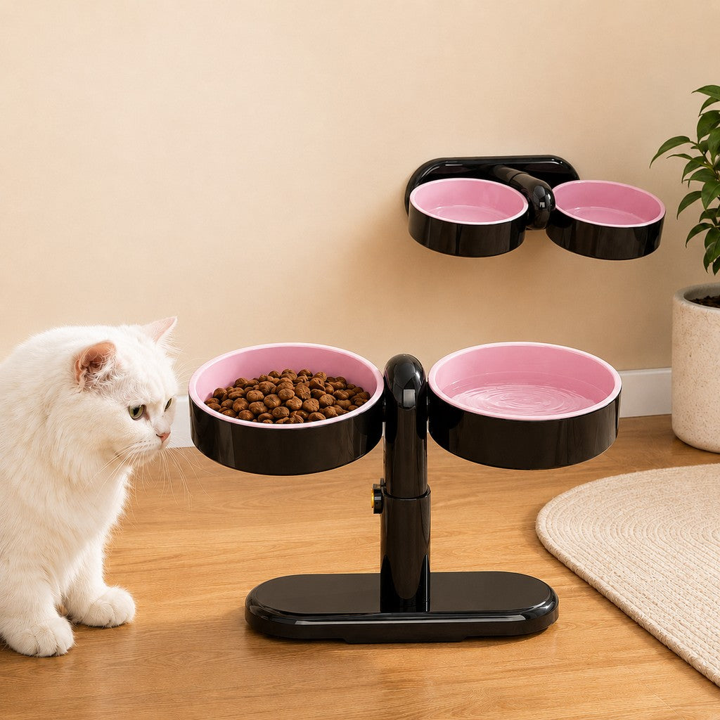 Malloren Adjustable Elevated Pet Bowl for Cats & Small Dogs - Space-Saving Wall-Mount or Freestanding Feeder for Cleaner Mealtimes