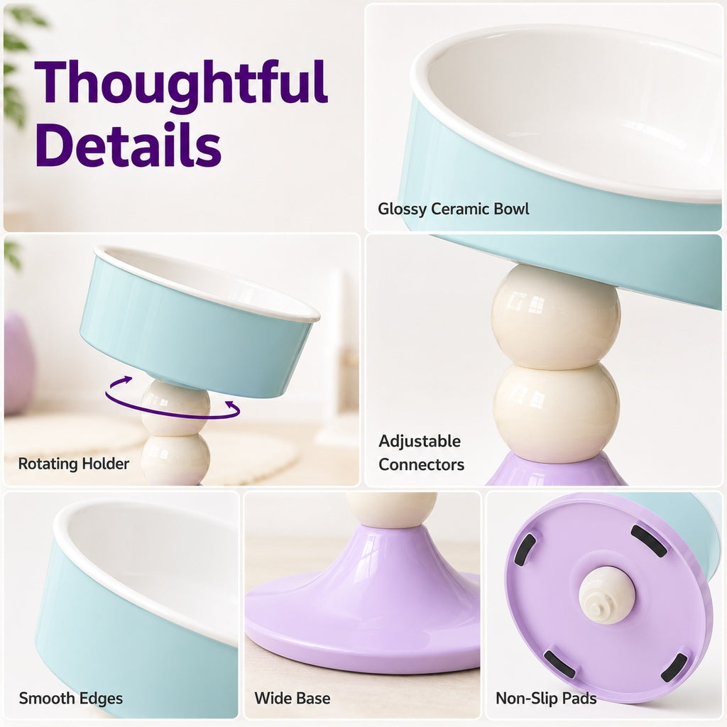 Malloren Adjustable Elevated Pet Bowl for Cats & Small Dogs - 3 Height Modes for Comfortable Feeding