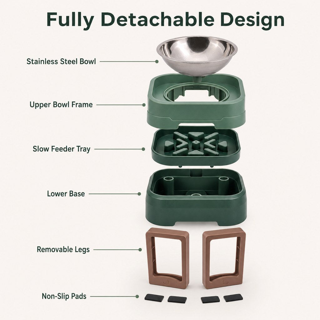 Malloren Adjustable Elevated Slow Feeder Pet Bowl for Cats & Small Dogs - Less Mess, Slower Meals & Easy Cleaning