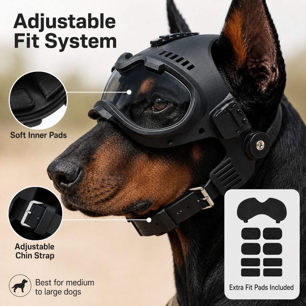 Malloren K9 Tactical-Style Dog Helmet with Goggles for Hiking & Outdoor Training - Helps Shield Eyes from Wind, Dust & Trail Debris