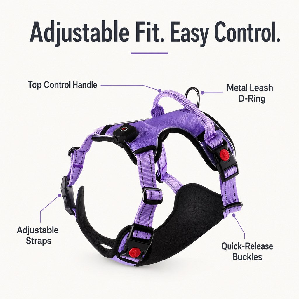 Malloren Rechargeable LED Dog Harness for Night Walks - Back-Panel Glow & Reflective Webbing for Better Low-Light Visibility