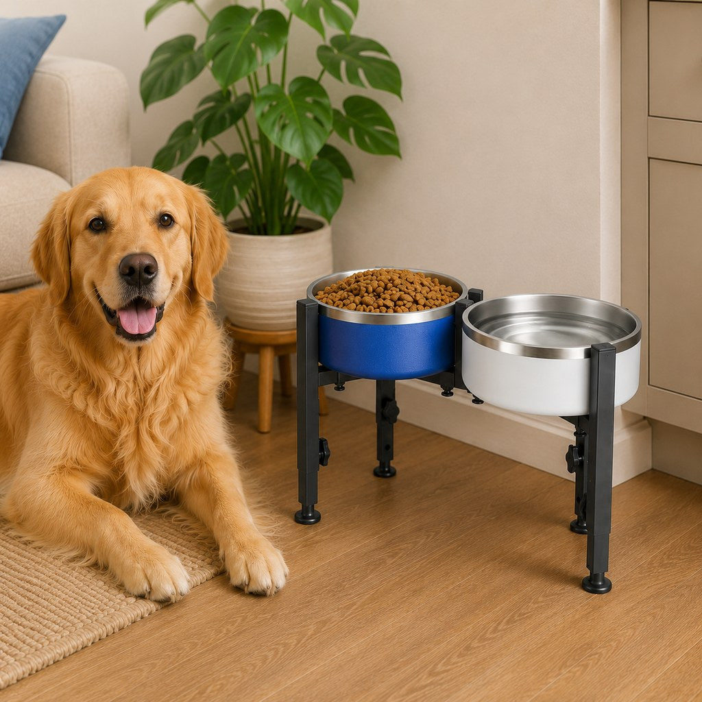 Malloren Adjustable Raised Dog Bowl Stand for Home Feeding - No-Bend Metal Pet Bowl Holder for Cleaner, More Comfortable Meals