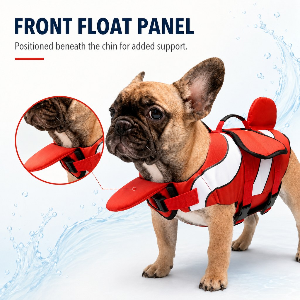 Malloren French Bulldog Life Jacket for Pool, Beach & Boating - Adjustable Flotation Vest with Chin Support & Grab Handle
