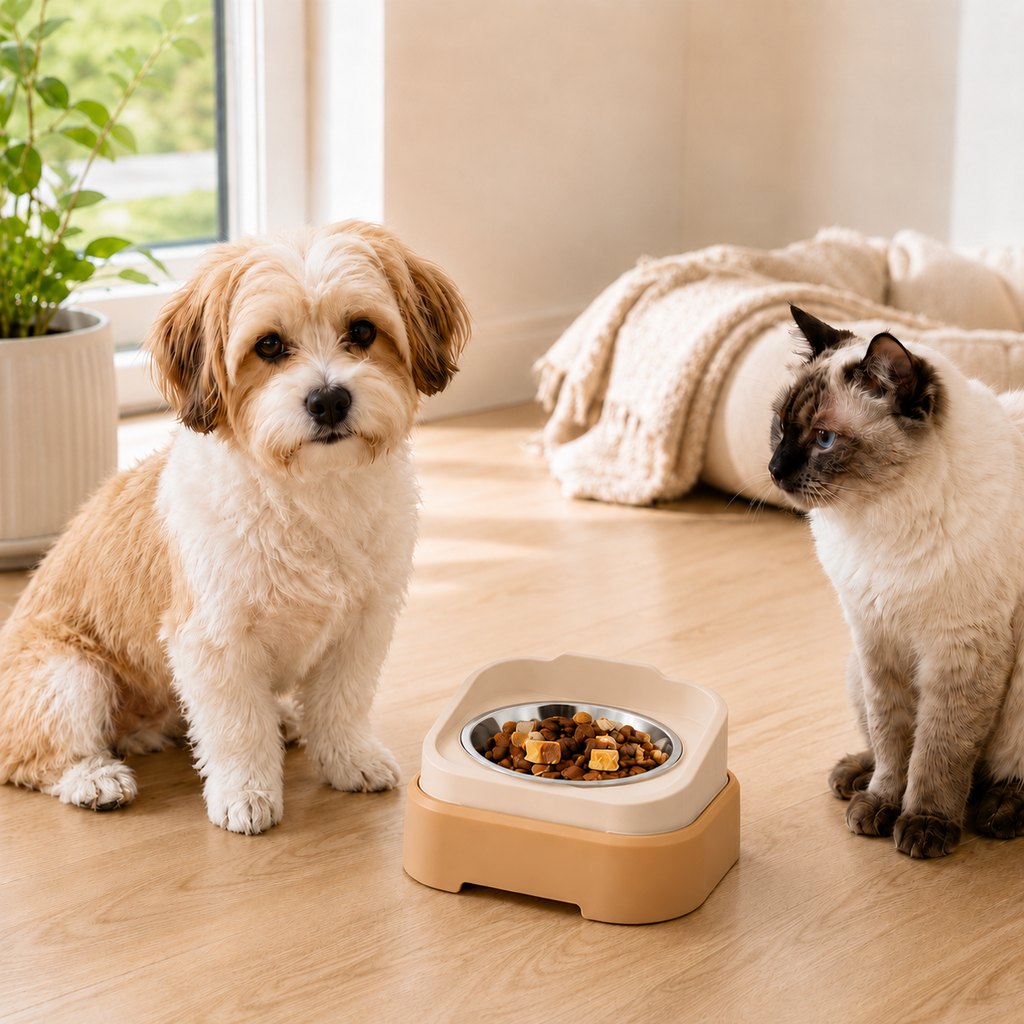 Malloren Adjustable Elevated Slow Feeder Pet Bowl for Cats & Small Dogs - Less Mess, Slower Meals & Easy Cleaning