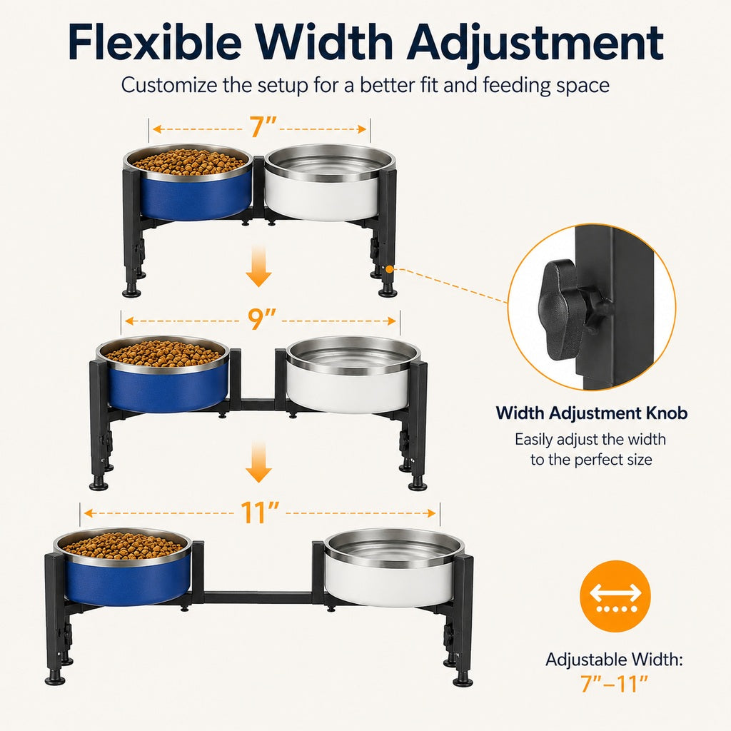 Malloren Adjustable Raised Dog Bowl Stand for Home Feeding - No-Bend Metal Pet Bowl Holder for Cleaner, More Comfortable Meals