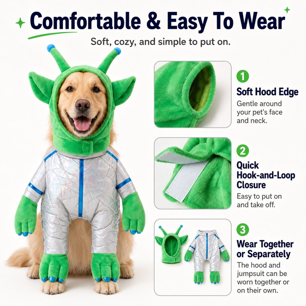 Malloren Green Alien Pet Costume for Dogs & Cats - Funny Halloween Transformation Outfit for Pet Parties, Photoshoots & Costume Events