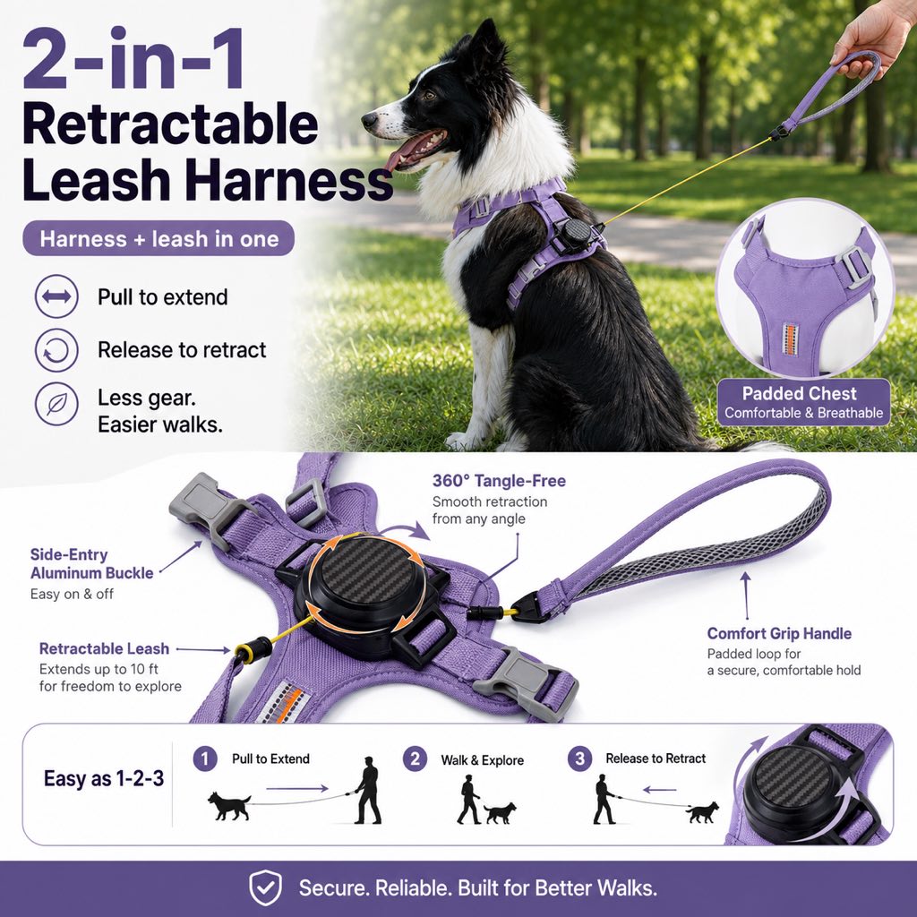 Malloren 2-in-1 Retractable Dog Harness for Daily Walks - Built-In Leash Vest with Auto-Stop Control for Small & Medium Dogs