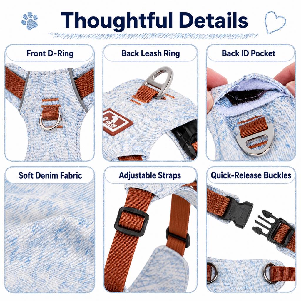 Malloren Vintage Denim No-Pull Dog Harness &5 ft Rope Leash Set - Soft Adjustable Vest for Everyday Walks, Better Control & Low-Light Visibility