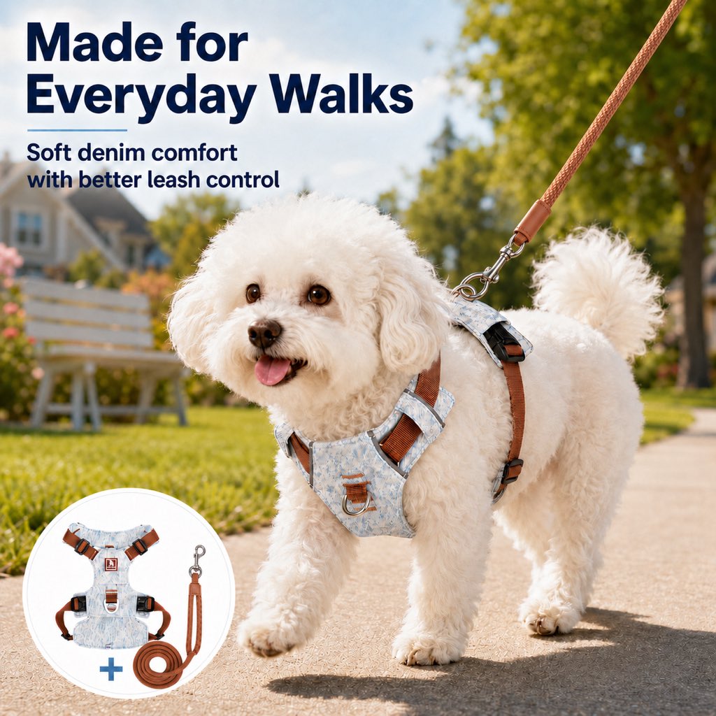 Malloren Vintage Denim No-Pull Dog Harness &5 ft Rope Leash Set - Soft Adjustable Vest for Everyday Walks, Better Control & Low-Light Visibility