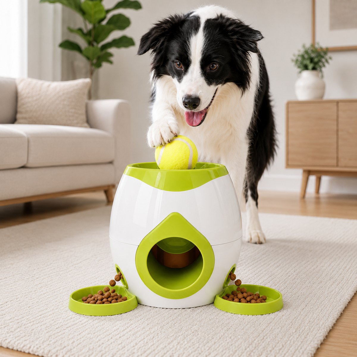 Malloren Ball-Activated Dog Puzzle Feeder for Indoor Play & Slow Eating - Interactive Treat Dispenser Toy with Tennis Balls, Side Trays & Scoop