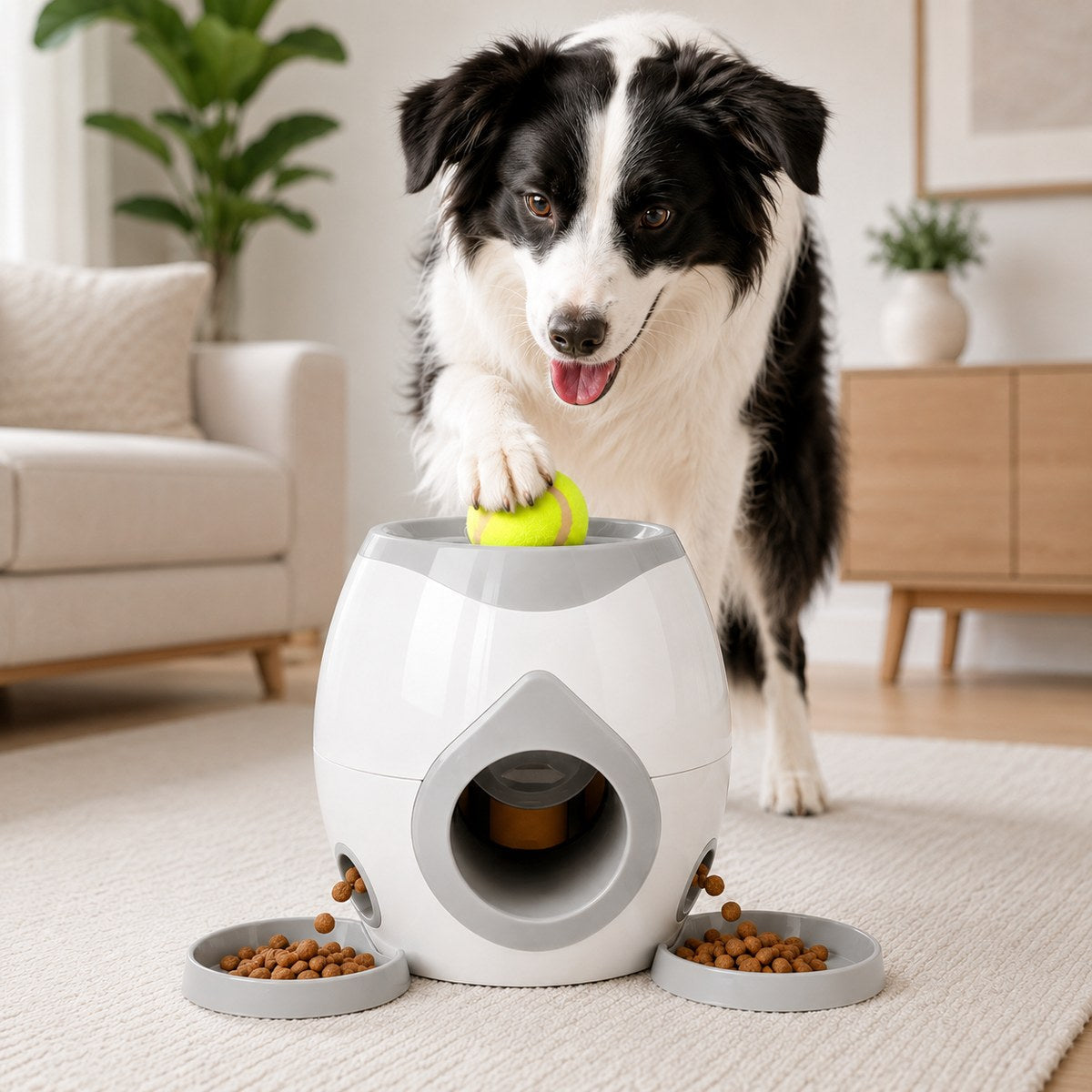 Malloren Ball-Activated Dog Puzzle Feeder for Indoor Play & Slow Eating - Interactive Treat Dispenser Toy with Tennis Balls, Side Trays & Scoop