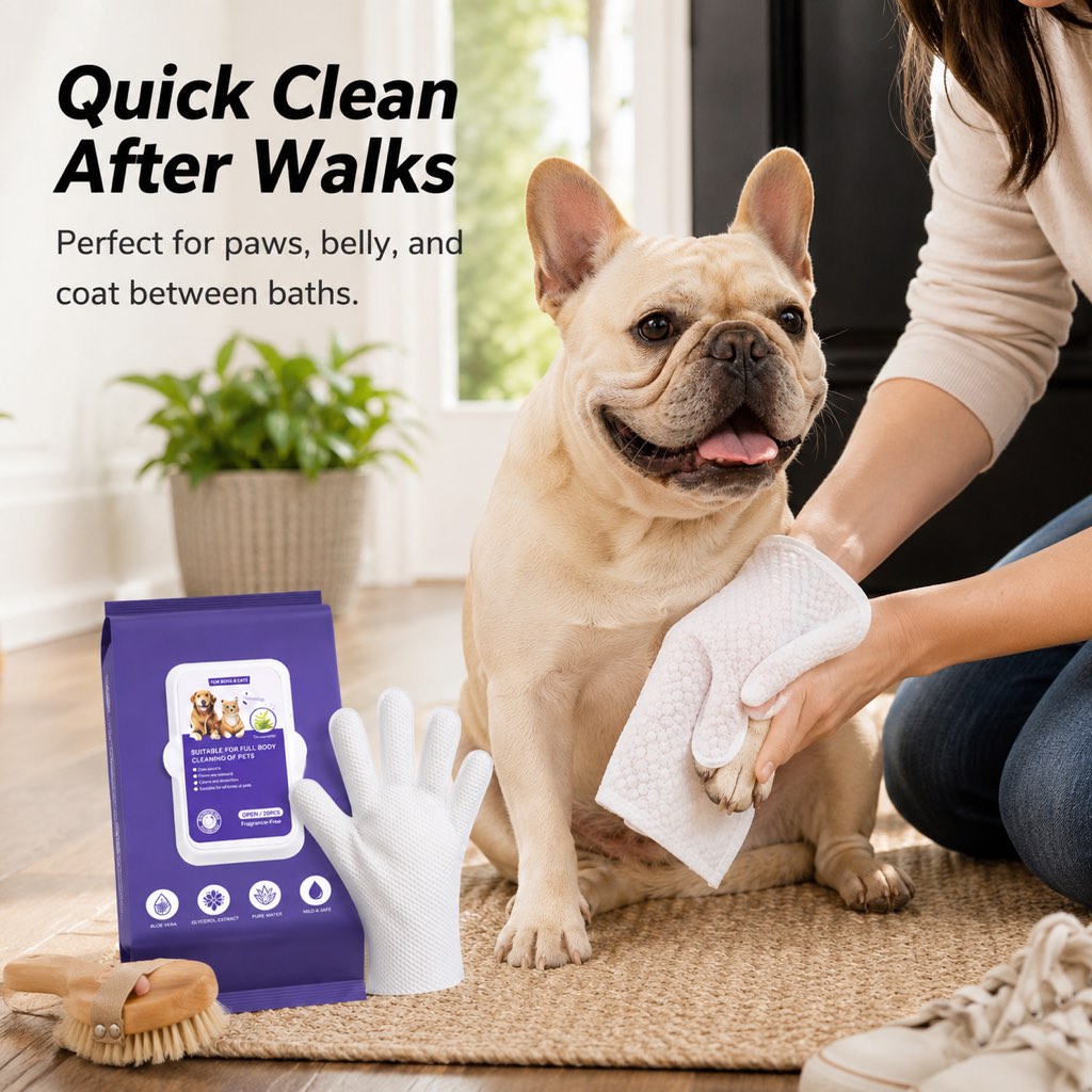 Malloren Frenchie Daily Grooming Kit for After-Walk & Between-Bath Care - Boar Bristle Brush + Rinse-Free Cleaning Gloves