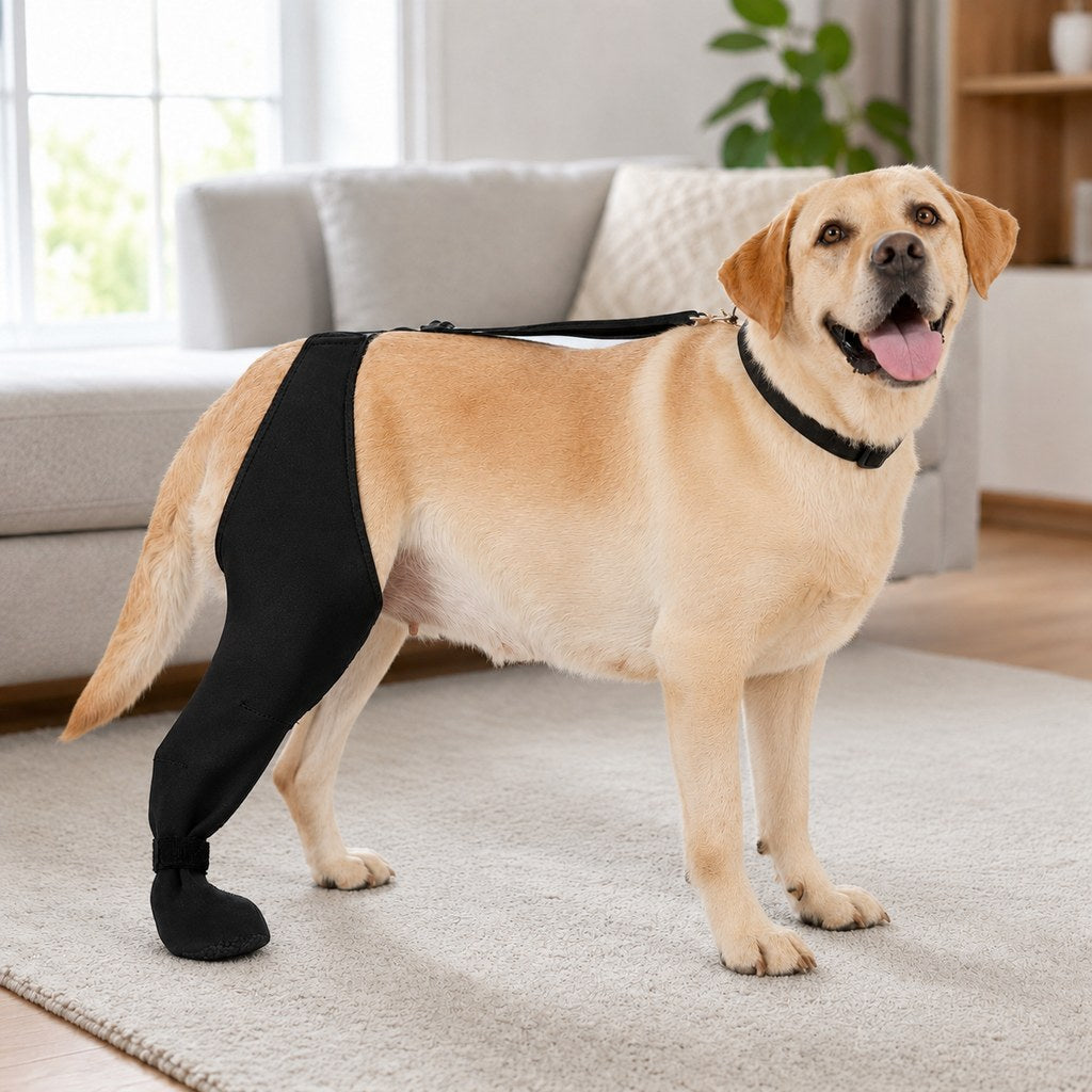 Malloren Adjustable Dog Rear Leg Recovery Sleeve with Paw Cover - Helps Limit Licking During Post-Surgery Rest