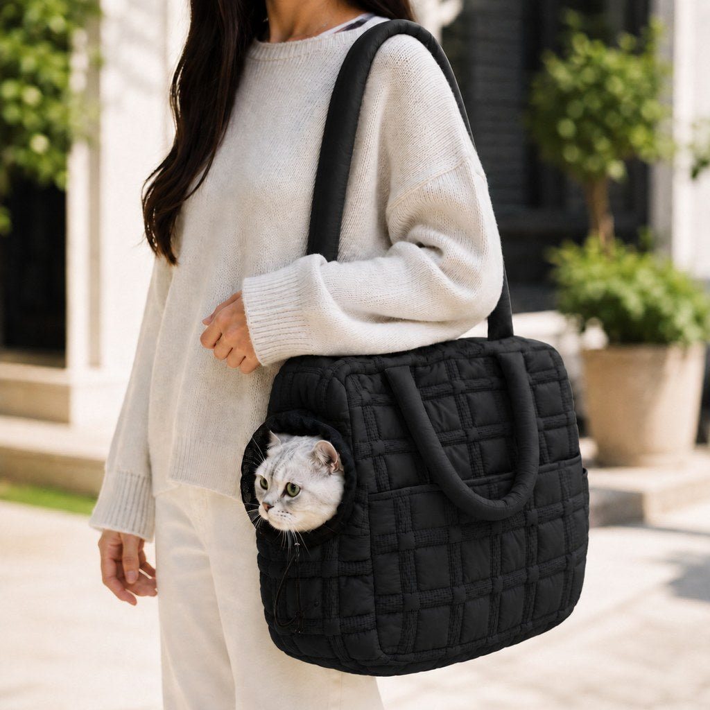Malloren Quilted Pet Carrier Tote for Cats & Small Dogs – Easy Hand & Shoulder Carry for Walks, Errands & Everyday Outings