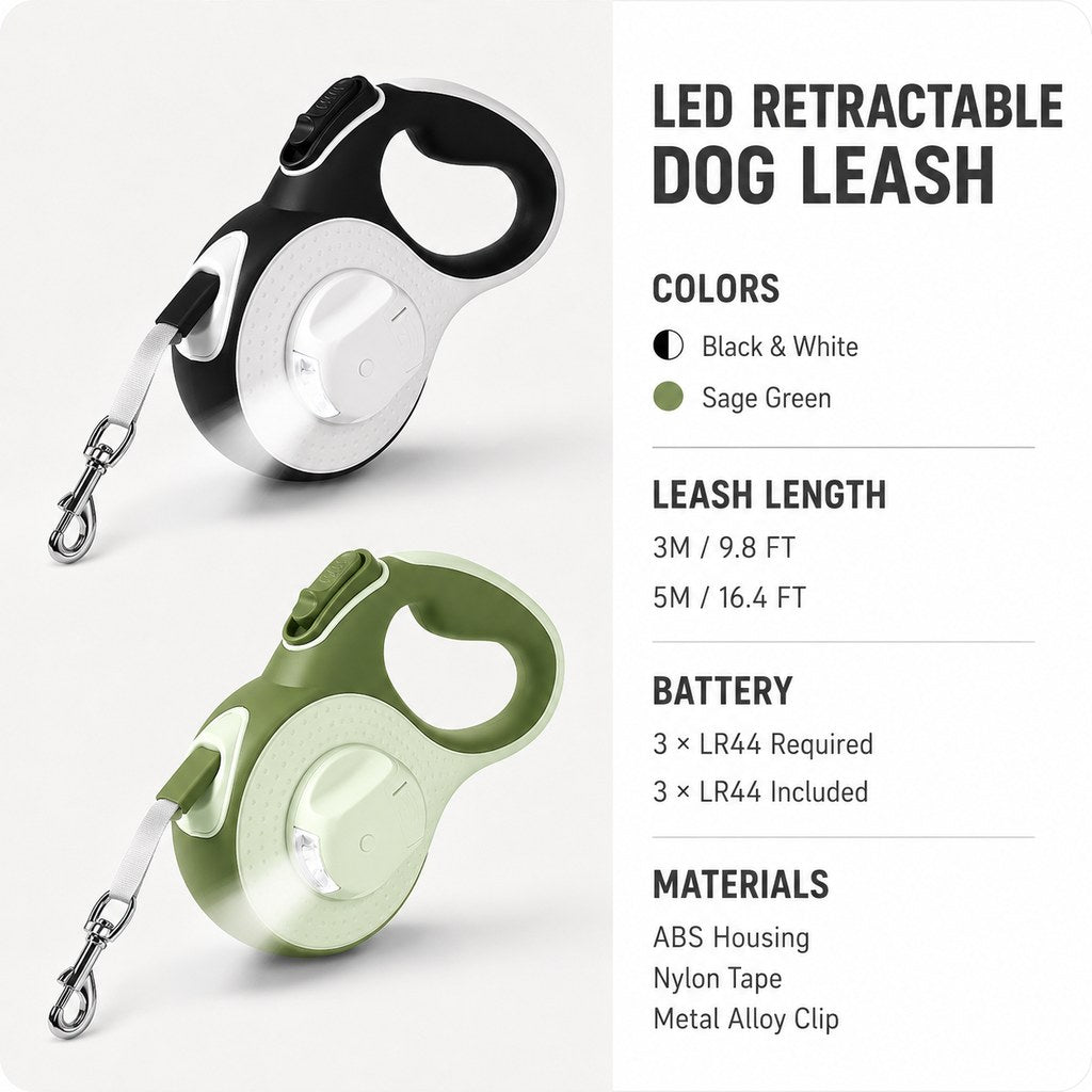 Malloren LED Retractable Dog Leash for Evening Walks - Built-In Path Light, One-Hand Brake & 9.8/16.4 FT Range
