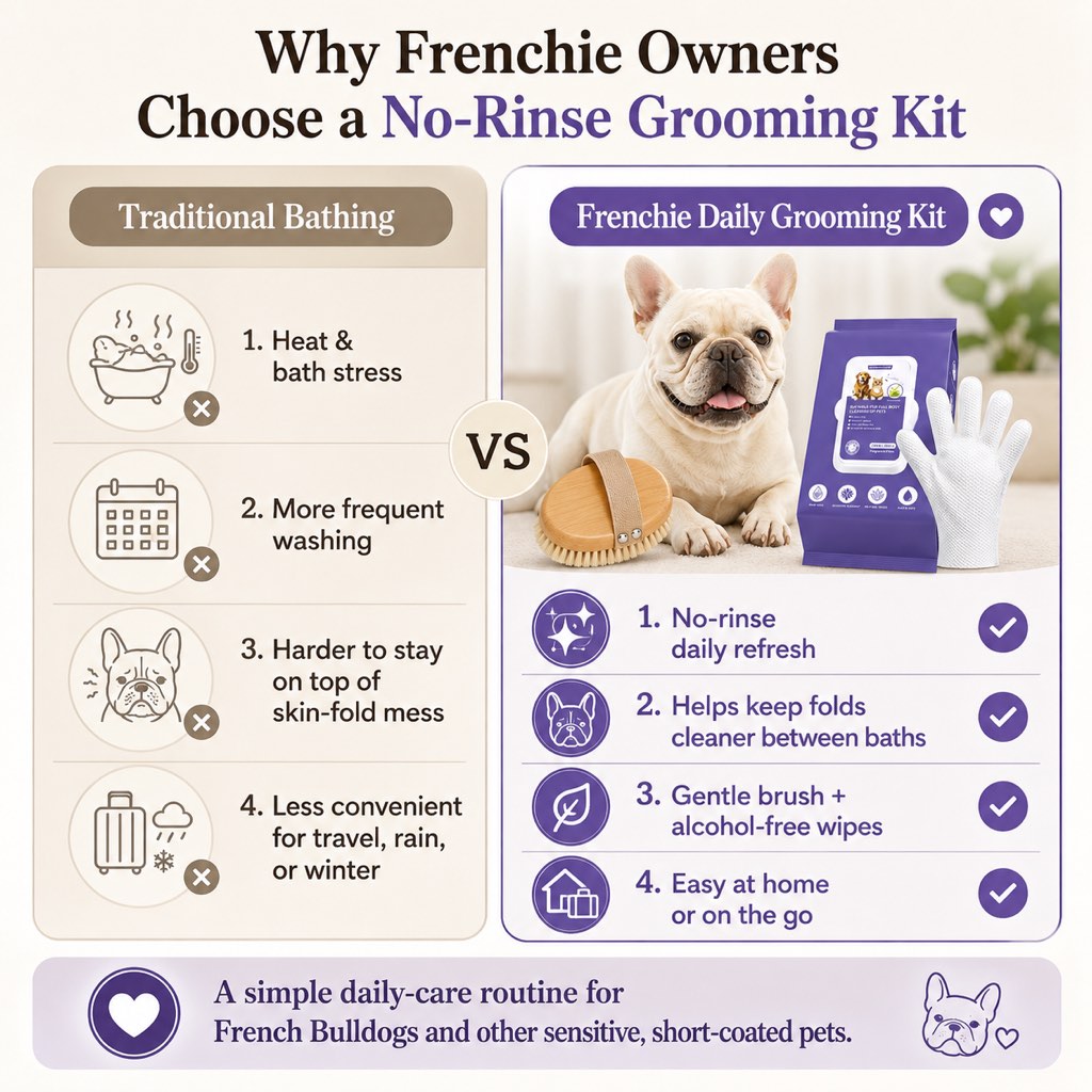 Malloren Frenchie Daily Grooming Kit for After-Walk & Between-Bath Care - Boar Bristle Brush + Rinse-Free Cleaning Gloves
