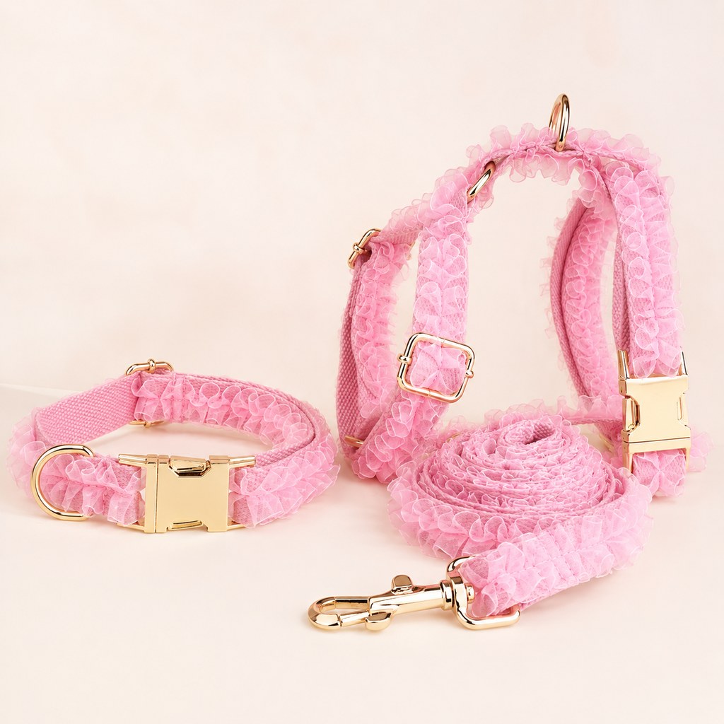 Malloren Boutique Lace Dog Harness, Collar & Leash Set for Birthday Photos & Daily Walks - 3-Piece Ruffle Walking Set