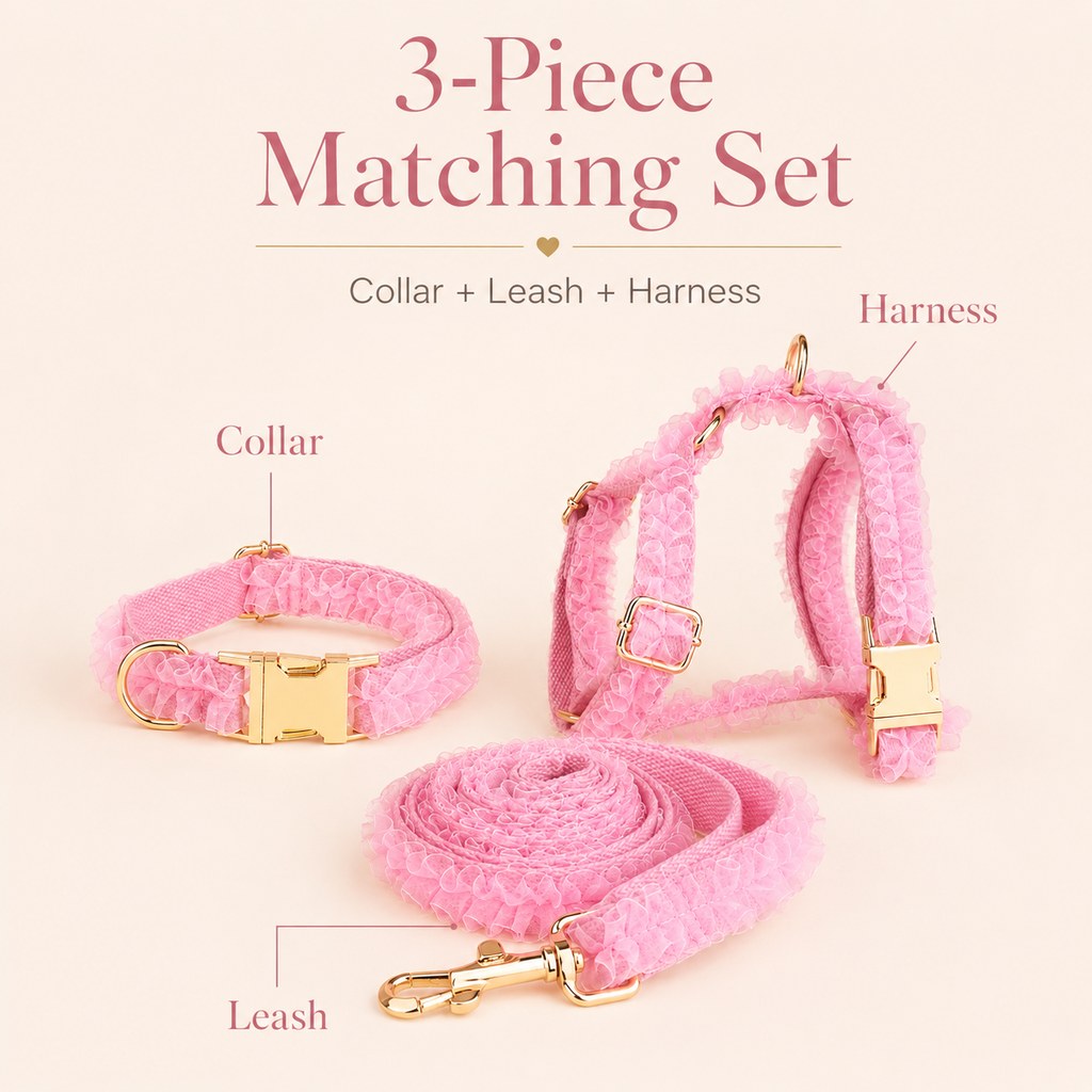 Malloren Boutique Lace Dog Harness, Collar & Leash Set for Birthday Photos & Daily Walks - 3-Piece Ruffle Walking Set