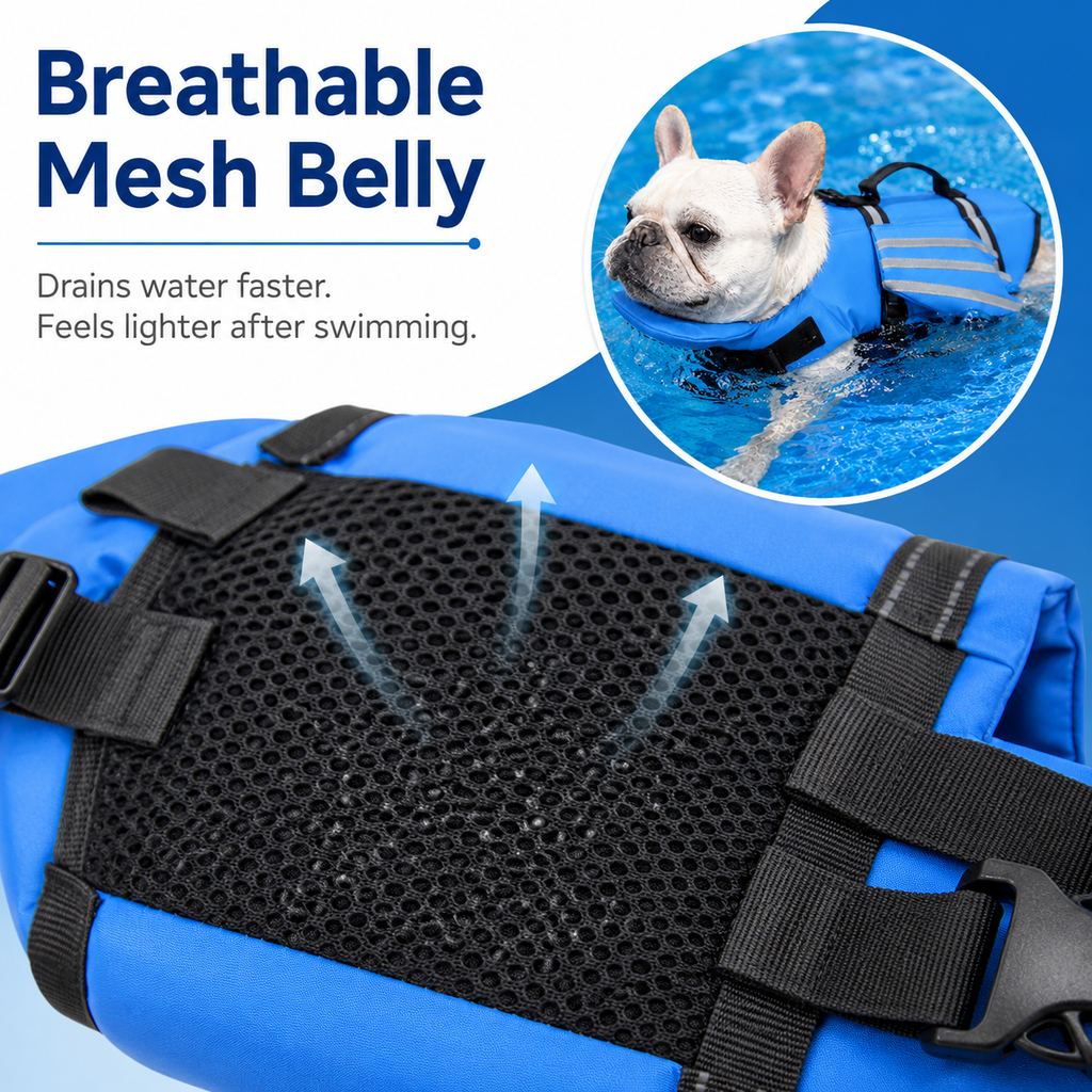Malloren French Bulldog Pool & Beach Reflective Angel-Wing Dog Life Jacket - Chin Float Support for Flat-Faced Dogs