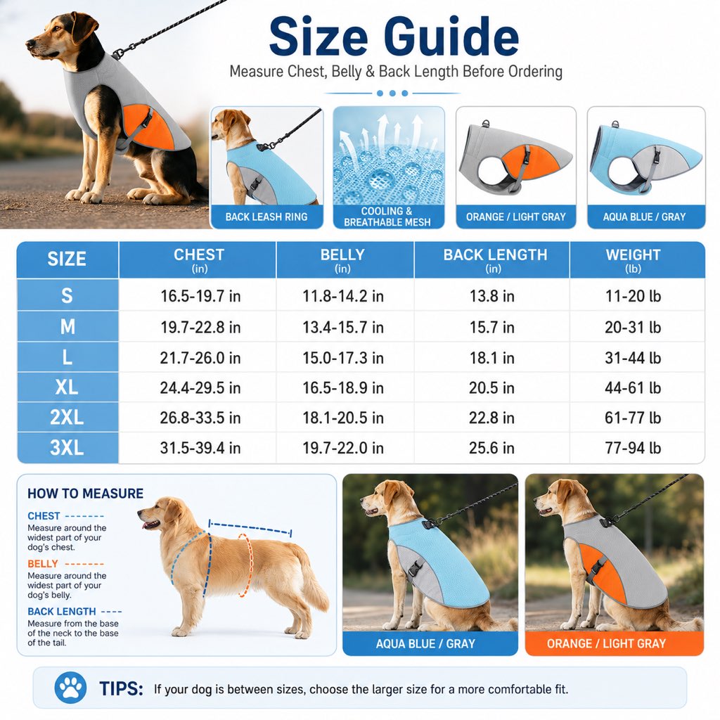 Malloren Dog Cooling Vest for Summer Walks - Wet-to-Cool Lightweight Jacket with Leash Ring for Hot Weather Outdoor Comfort