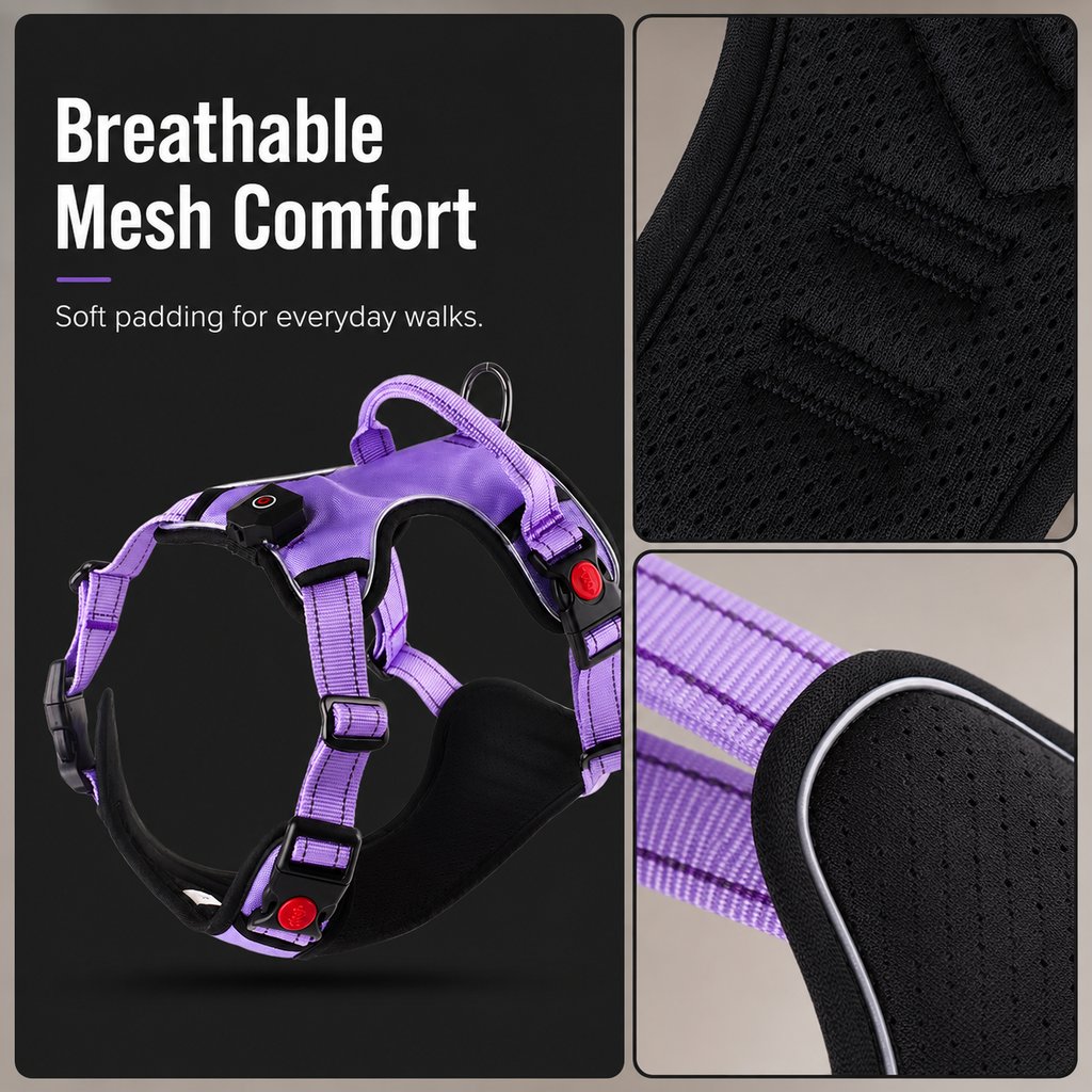 Malloren Rechargeable LED Dog Harness for Night Walks - Back-Panel Glow & Reflective Webbing for Better Low-Light Visibility