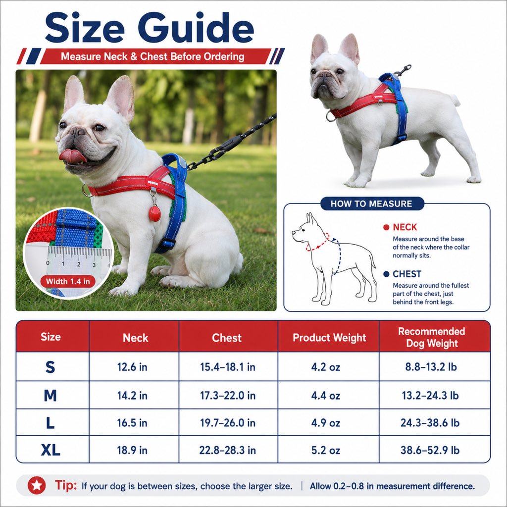 Malloren No-Choke French Bulldog Harness & Leash Set for Daily Walks - Reflective, Easy-Control Fit for Broad-Chest Dogs