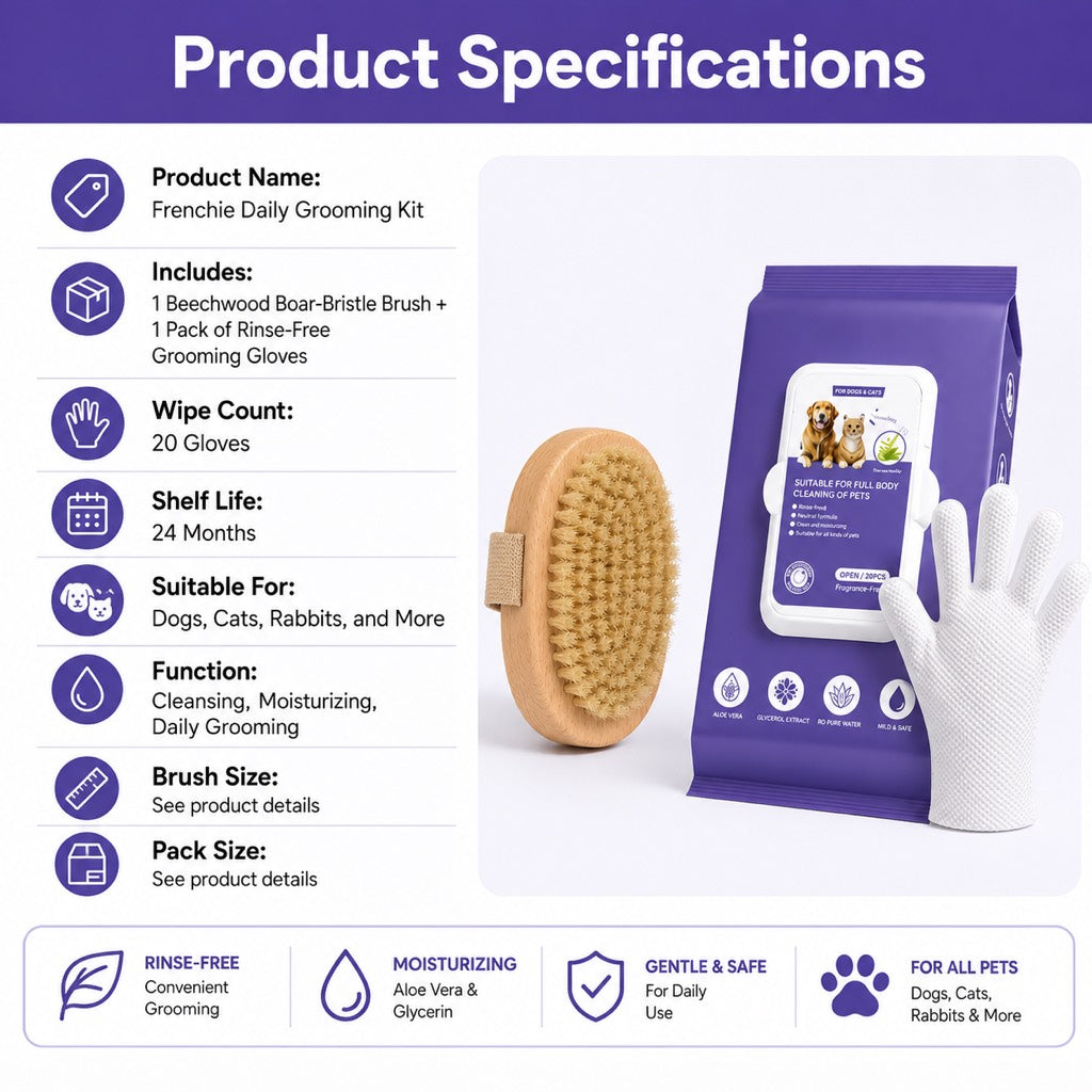 Malloren Frenchie Daily Grooming Kit for After-Walk & Between-Bath Care - Boar Bristle Brush + Rinse-Free Cleaning Gloves