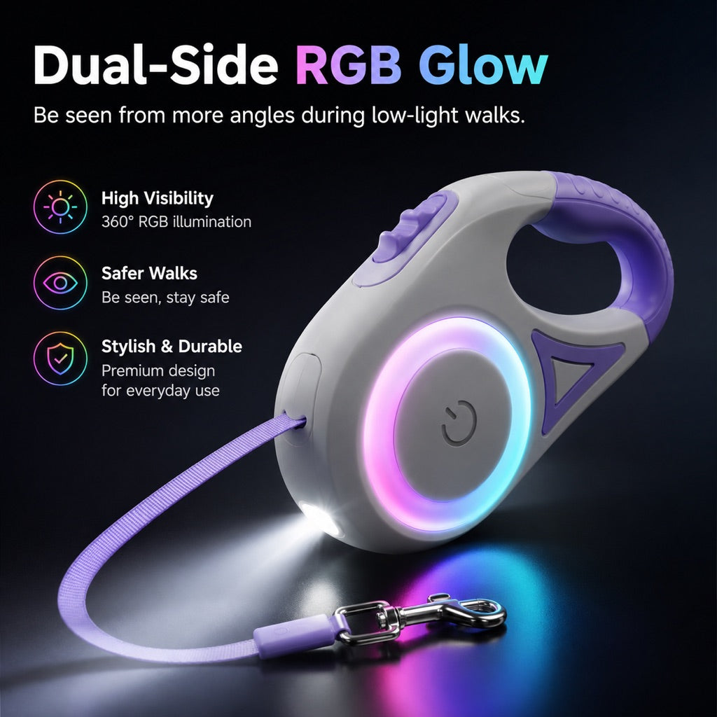 Malloren LED Retractable Dog Leash for Night Walks - Light-Up Dog Leash with Built-In Spotlight, RGB Side Glow & One-Touch Brake for Safer Evening Walks