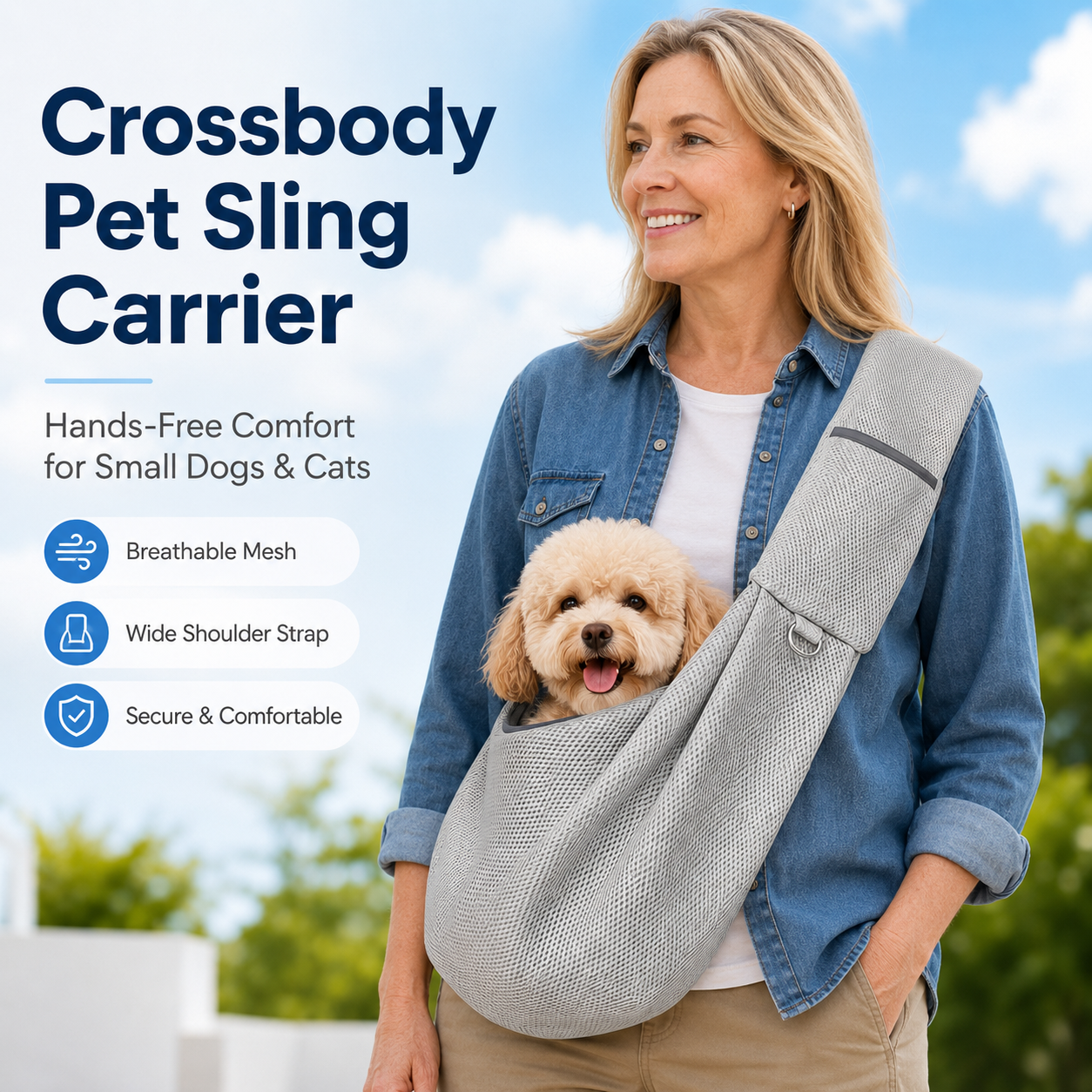 Malloren Crossbody Pet Sling Carrier for Small Dogs & Cats - Breathable Hands-Free Travel Bag for Walks, Errands & Vet Visits