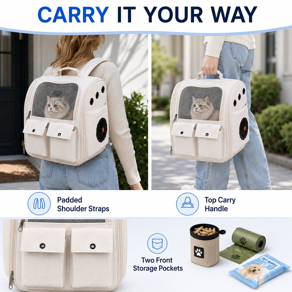 Malloren USB-Powered Dual-Fan Cat Carrier Backpack for Vet Visits & Everyday Travel - Fan-Assisted Cooling for Less-Stuffy Trips