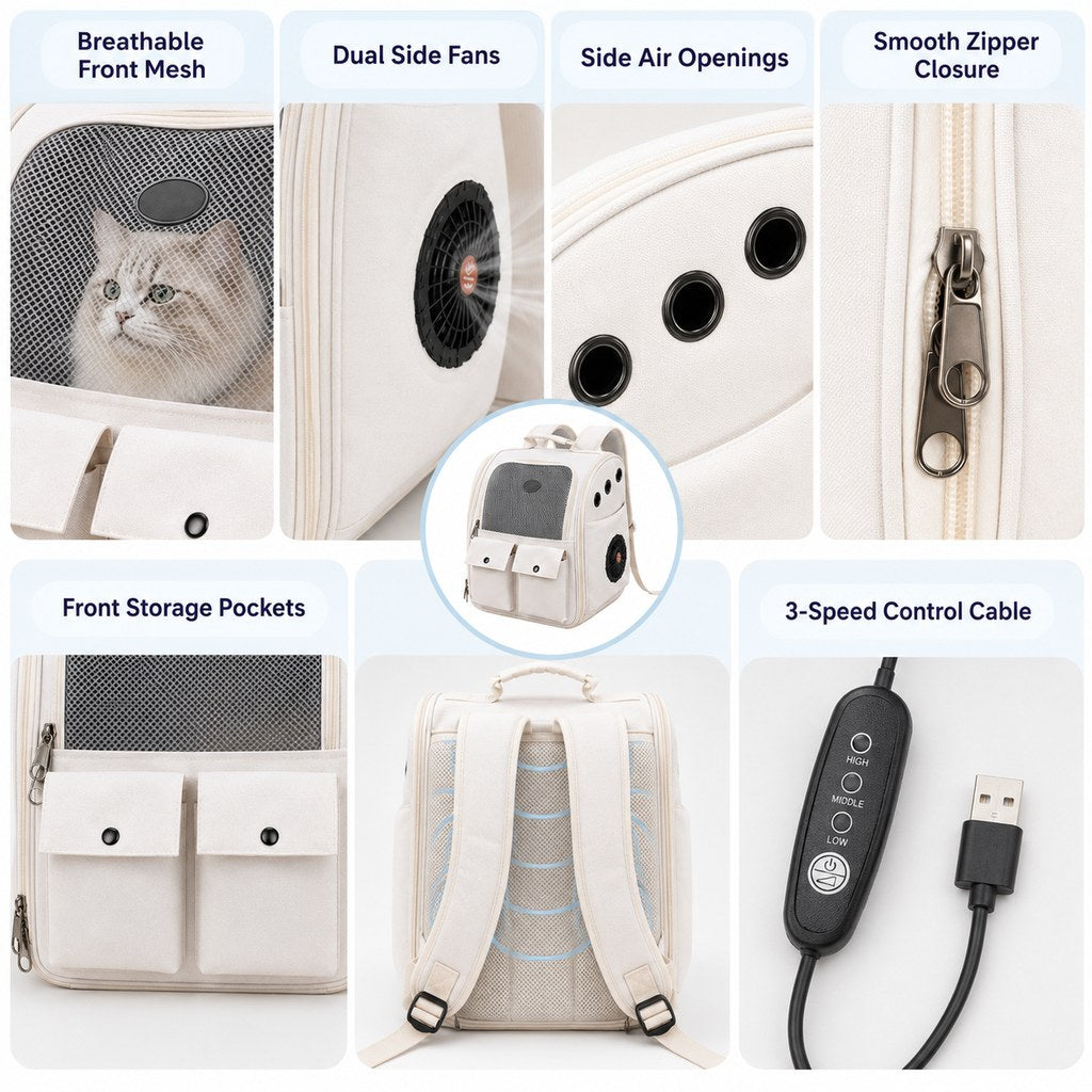 Malloren USB-Powered Dual-Fan Cat Carrier Backpack for Vet Visits & Everyday Travel - Fan-Assisted Cooling for Less-Stuffy Trips