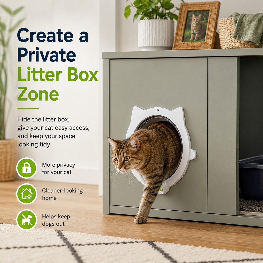 Malloren 4-Way Locking Interior Cat Door for Litter Box Cabinets & Rooms - Private Access Without Door Scratching