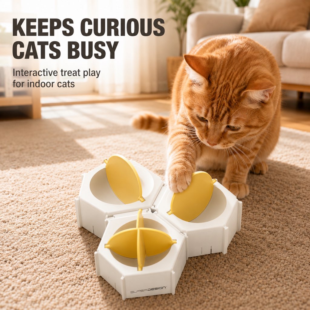 Malloren Modular Cat Puzzle Feeder Toy for Indoor Treat Time - Hexagon Slow Feeder Enrichment Game to Keep Bored Cats Busy