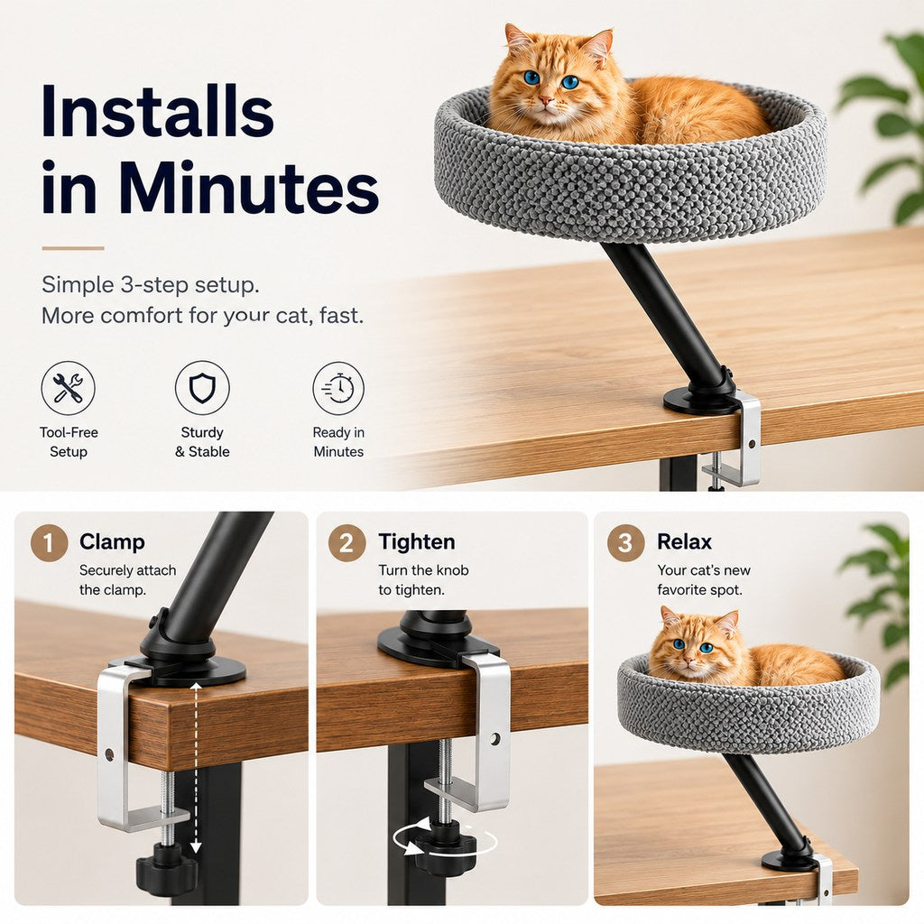 Malloren Desk Mounted Cat Bed Perch for Home Office - Space Saving Elevated Cat Lounger with Soft Breathable Fabric for Cats to Relax Beside Your Workspace