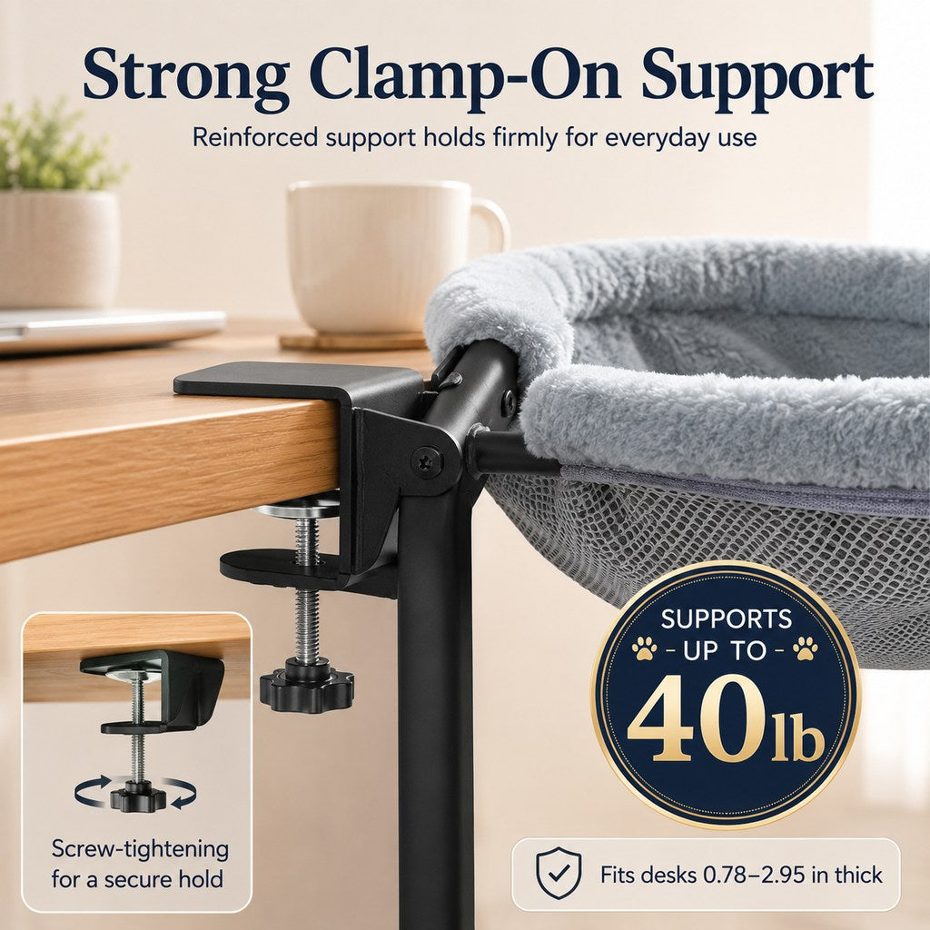 Malloren Desk-Mounted Cat Bed for Home Offices - Space-Saving Clamp-On Cat Hammock