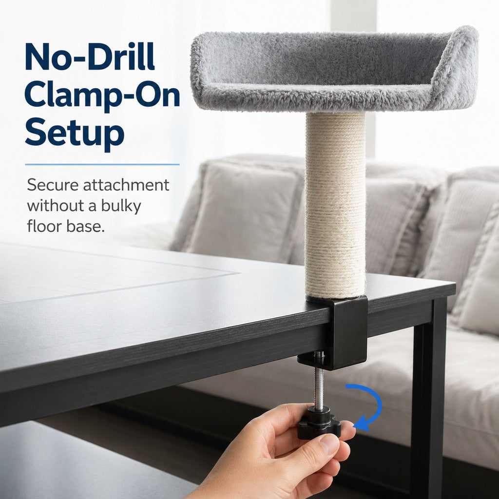 Malloren Clamp-On Cat Perch for Home Office Desks - Space-Saving Cat Bed with Sisal Scratching Post